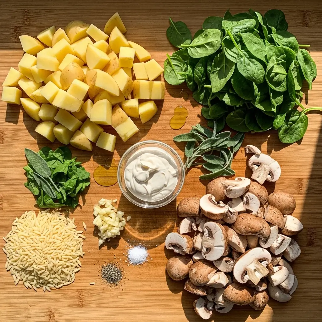ingredients for creamy mushroom spinach soup laid out on cutting board