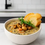 Creamy Mushroom & Wild Rice Soup in rustic bowl