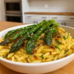 Creamy Orzo with Garlic Butter Asparagus served in rustic bowl