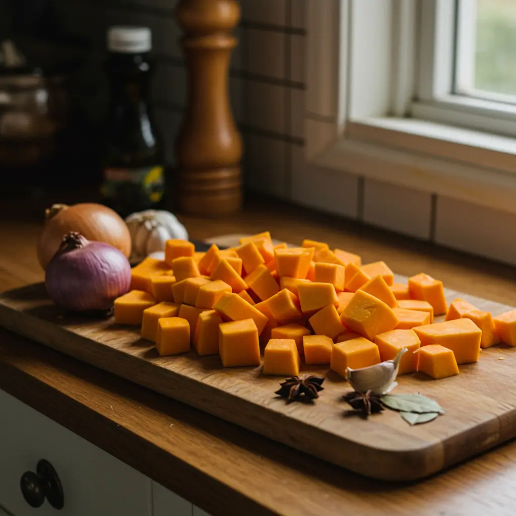 creamy roasted butternut squash soup ingredients on rustic kitchen counter