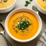 creamy roasted butternut squash soup in bowl with coconut milk swirl
