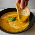 Creamy Roasted Veggie Soup in a bowl topped with herbs