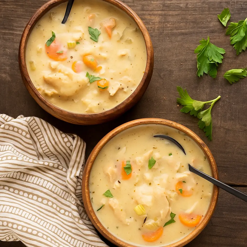 Creamy Turkey and Dumplings Soup served in a white bowl