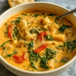 Creamy Tuscan Chicken Soup in a bowl with fresh spinach