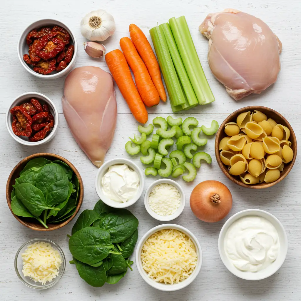 Ingredients for Creamy Tuscan Chicken Soup laid out