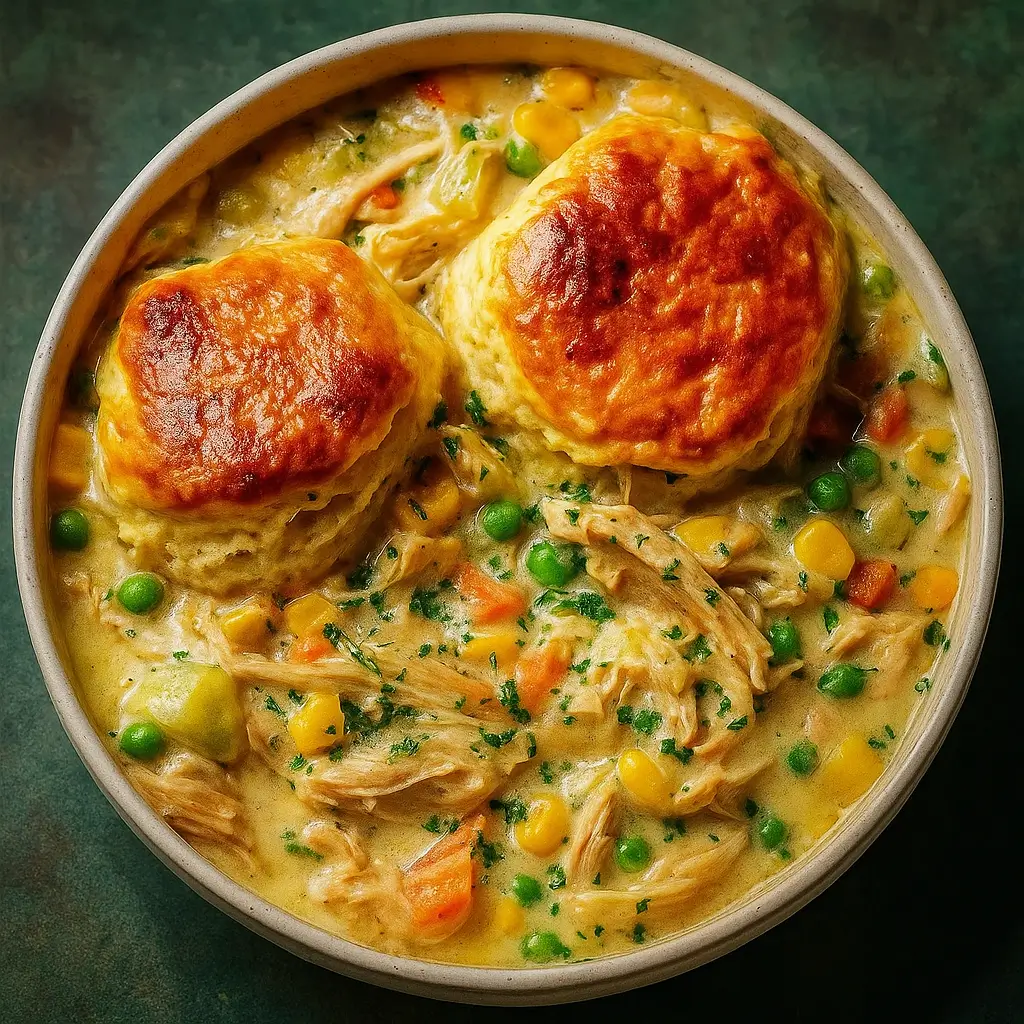 Crockpot Chicken Pot Pie Stew in bowl with biscuit on top