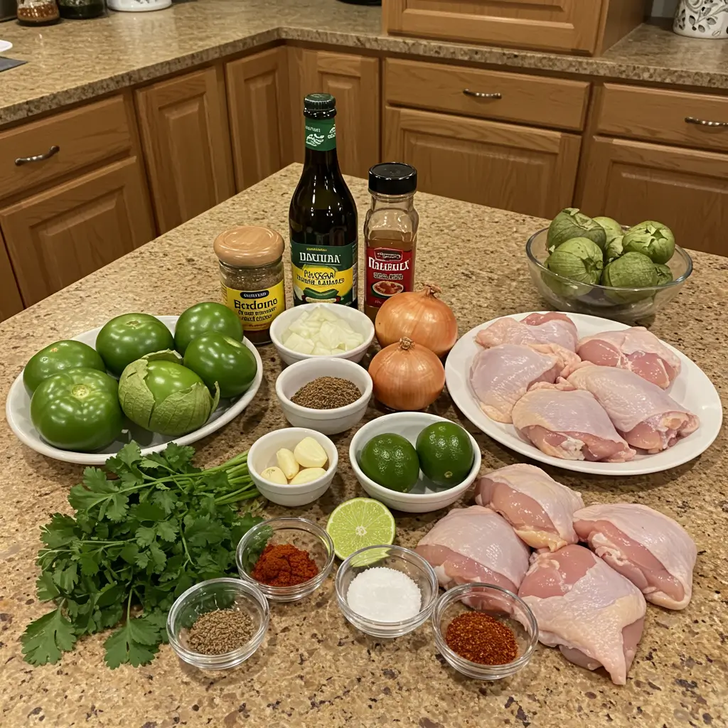 Crockpot Mexican Chicken Pozole Verde ingredients on wooden counter