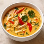 Crockpot Thai Coconut Chicken Soup in bowl with veggies and cilantro