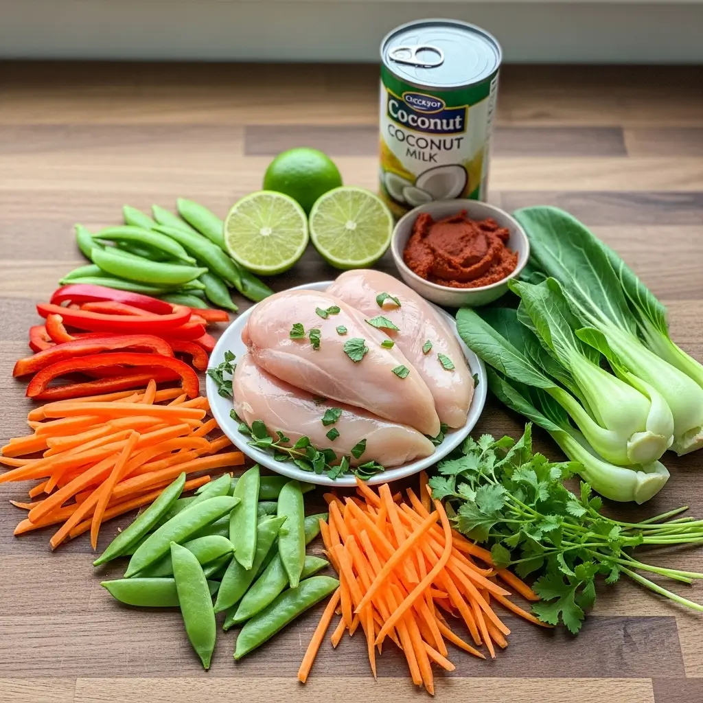 Ingredients for Crockpot Thai Coconut Chicken Soup arranged on kitchen counter