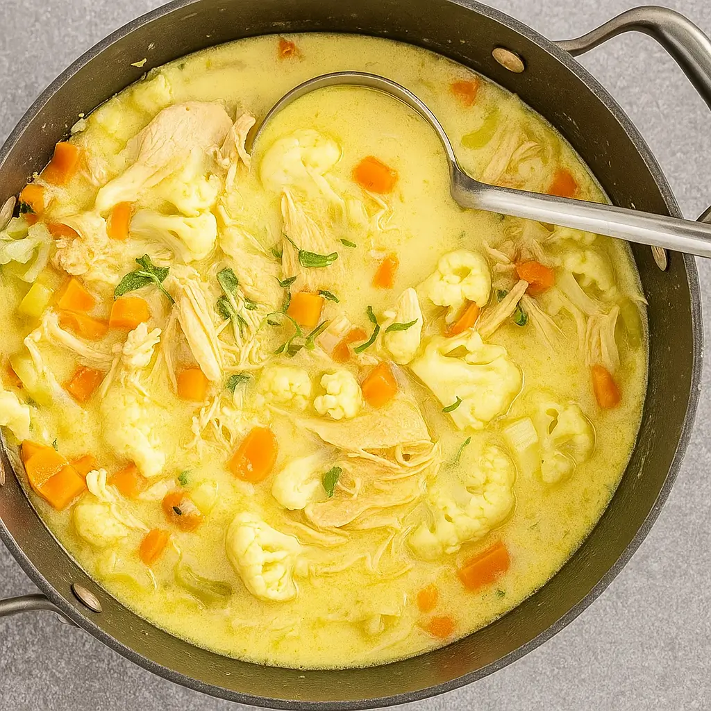 Easy Chicken Cauliflower Soup served in a rustic bowl