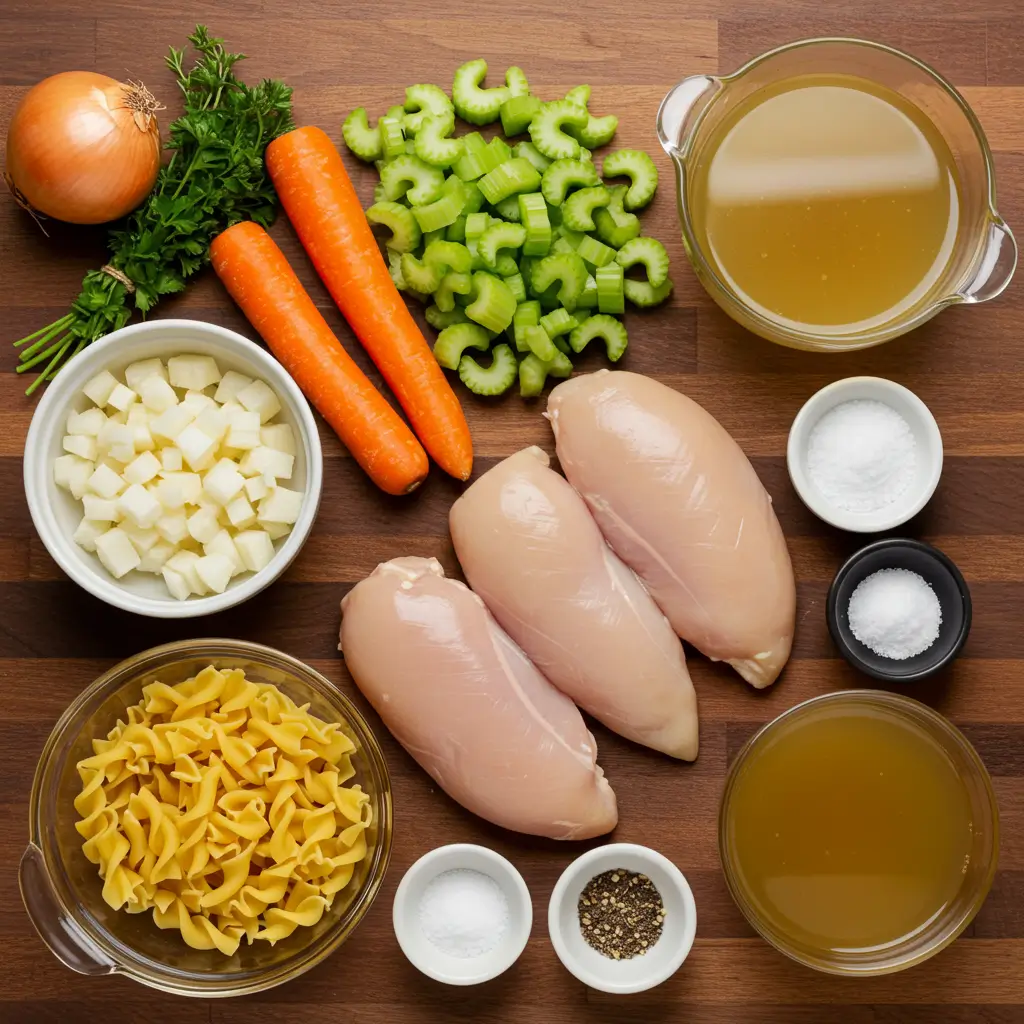 Ingredients for Easy Chicken Noodle Soup with Egg Noodles
