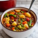 Easy Crockpot Vegetable Beef Soup in rustic bowl