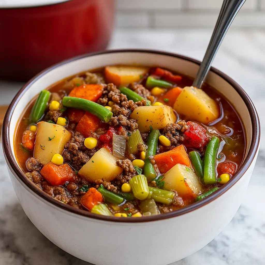 Easy Crockpot Vegetable Beef Soup in rustic bowl