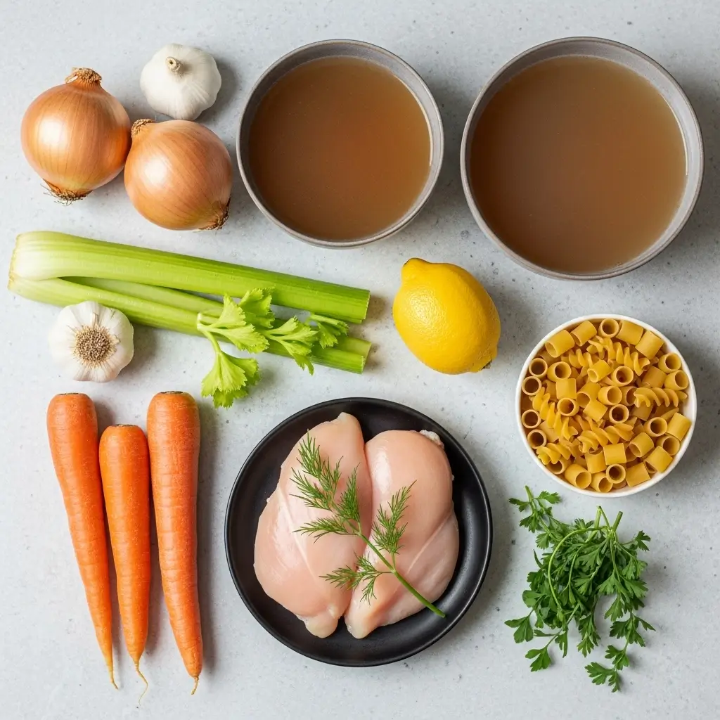 ingredients for easy lemon chicken soup on kitchen counter