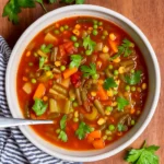 Easy Slow Cooker Vegetable Soup in a white bowl with vegetables