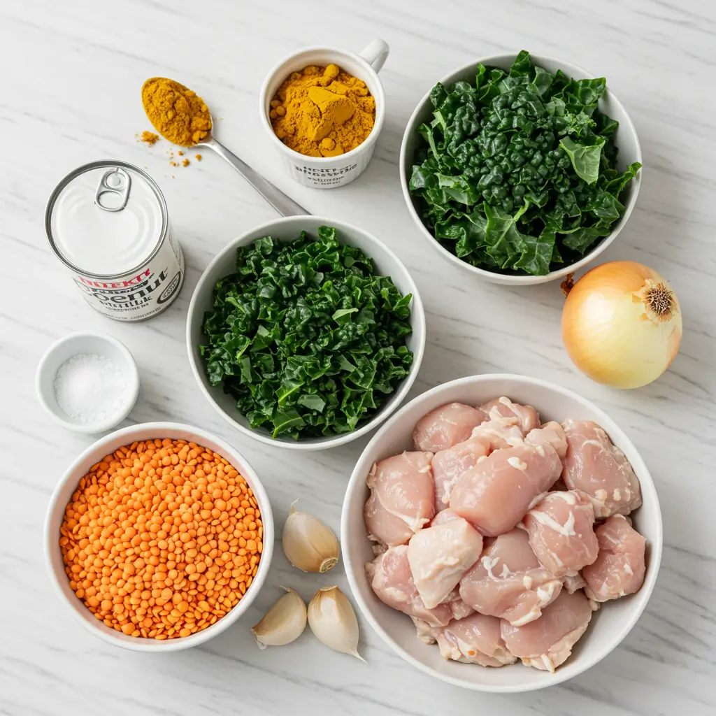 Golden Chicken Lentil Soup ingredients flat lay