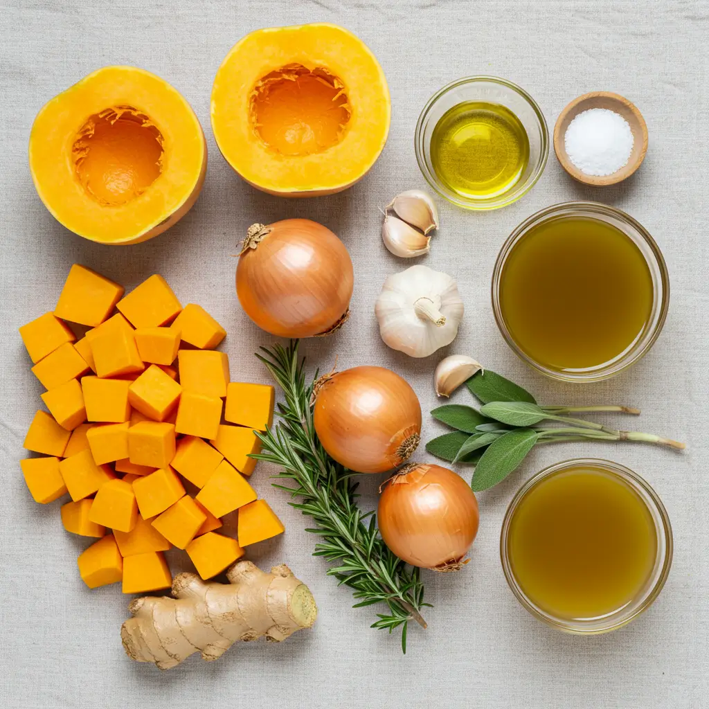 Ingredients for Gordon Ramsay Butternut Squash Soup on kitchen counter