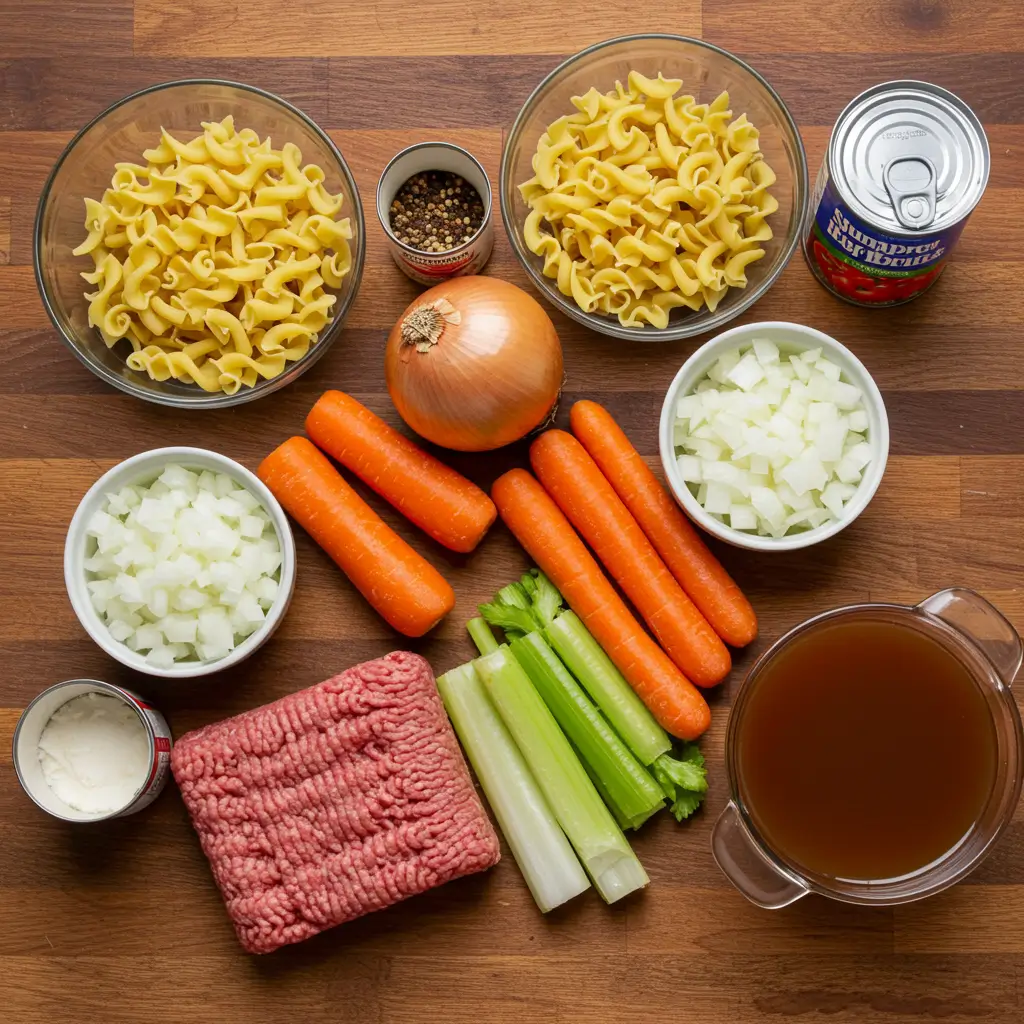 ingredients for hamburger noodle soup on rustic kitchen counter