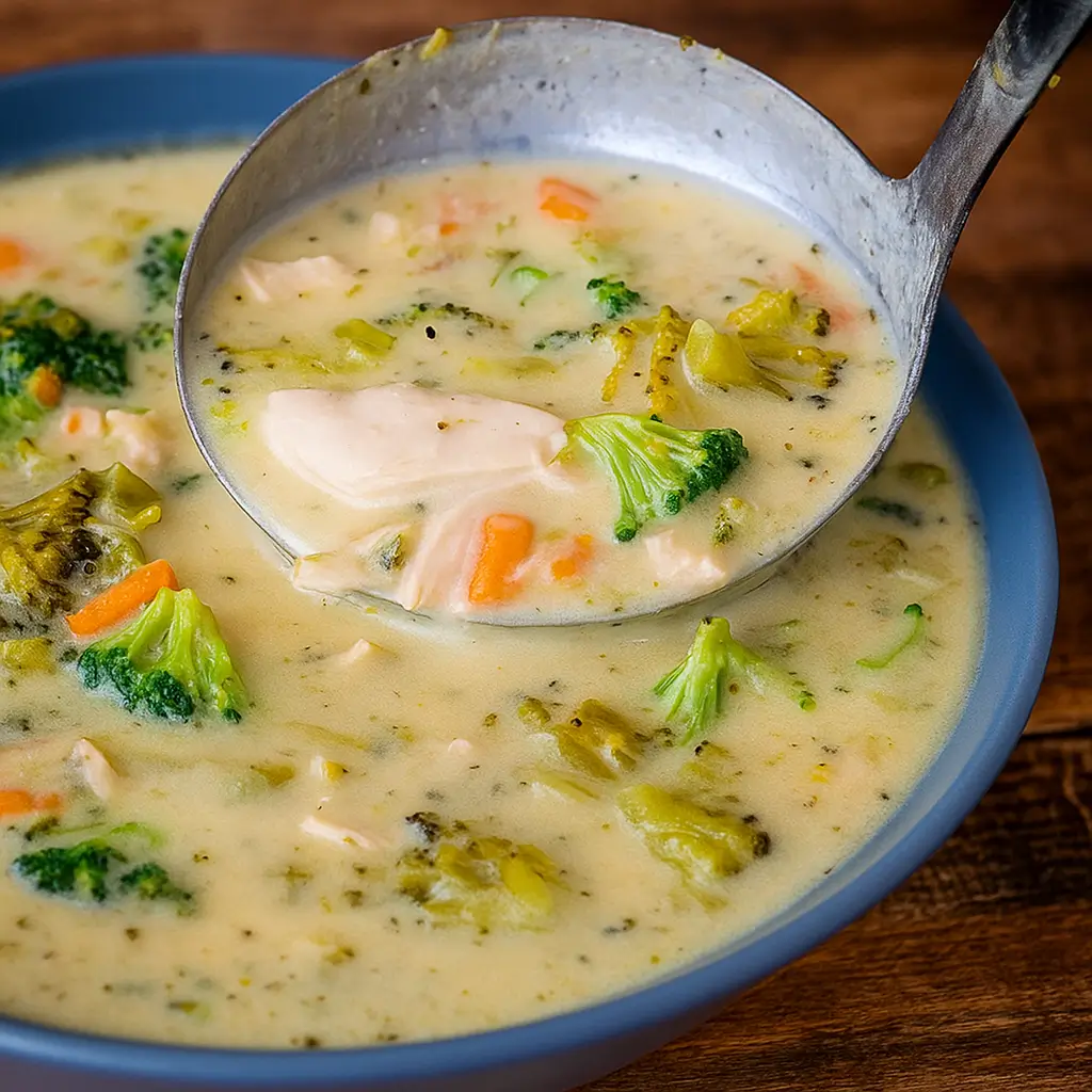 bowl of healthy chicken broccoli soup on table
