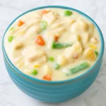 Healthy Chicken Pot Pie Soup Recipe in white ceramic bowl