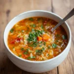 bowl of homemade cabbage soup with carrots, tomatoes, and cabbage in golden broth