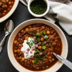 hearty vegan chili in rustic kitchen pot