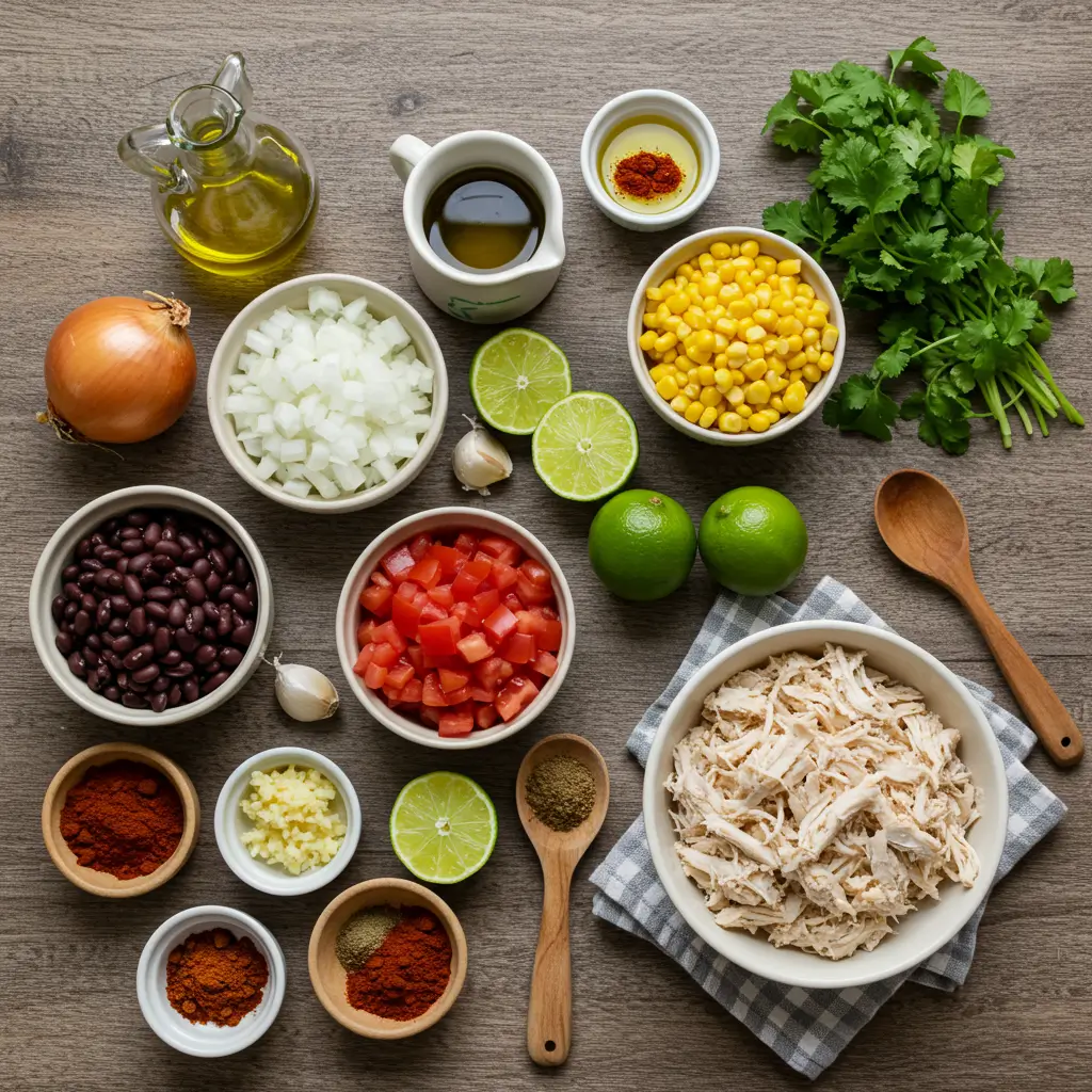 Fresh ingredients for Homemade Chicken Taco Soup arranged on a rustic wooden table