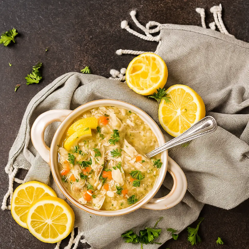 instant pot greek lemon chicken soup in a rustic bowl with lemon and parsley
