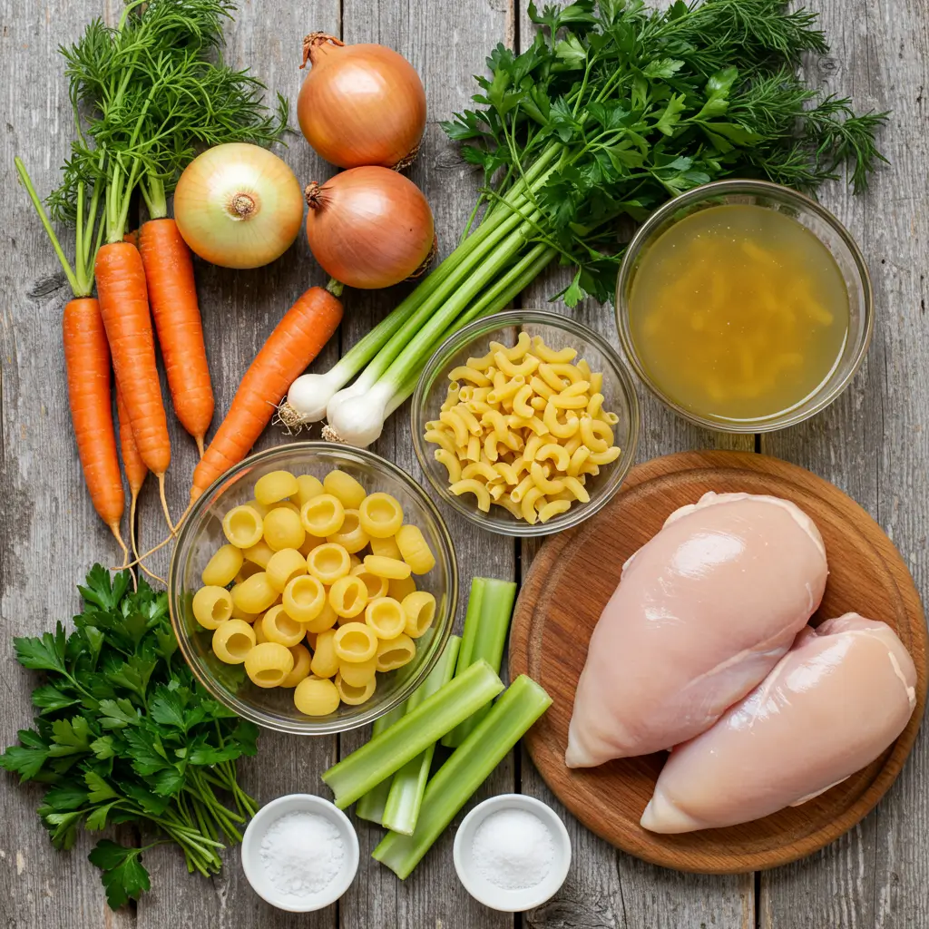 Fresh ingredients for Italian Penicillin Soup Recipe arranged on a rustic table