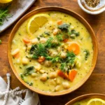 Bowl of Lemony Greek Chickpea Soup with dill and orzo