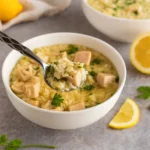 lemony turkey rice soup in a rustic kitchen setting