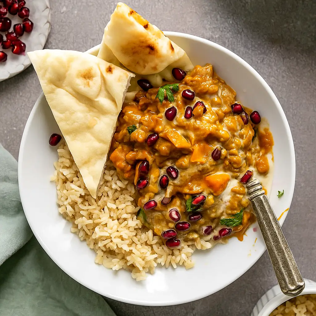 Lentil Pumpkin Curry served with rice and naan