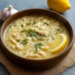 Mediterranean Lemon Chicken Soup in bowl with lemon and parsley
