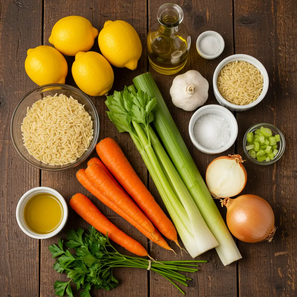 Mediterranean Lemon Chicken Soup ingredients flat lay