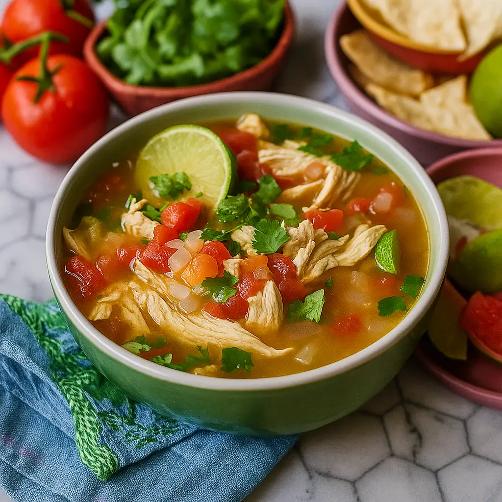 Mexican Chicken Lime Soup (Sopa de Lima) served with toppings