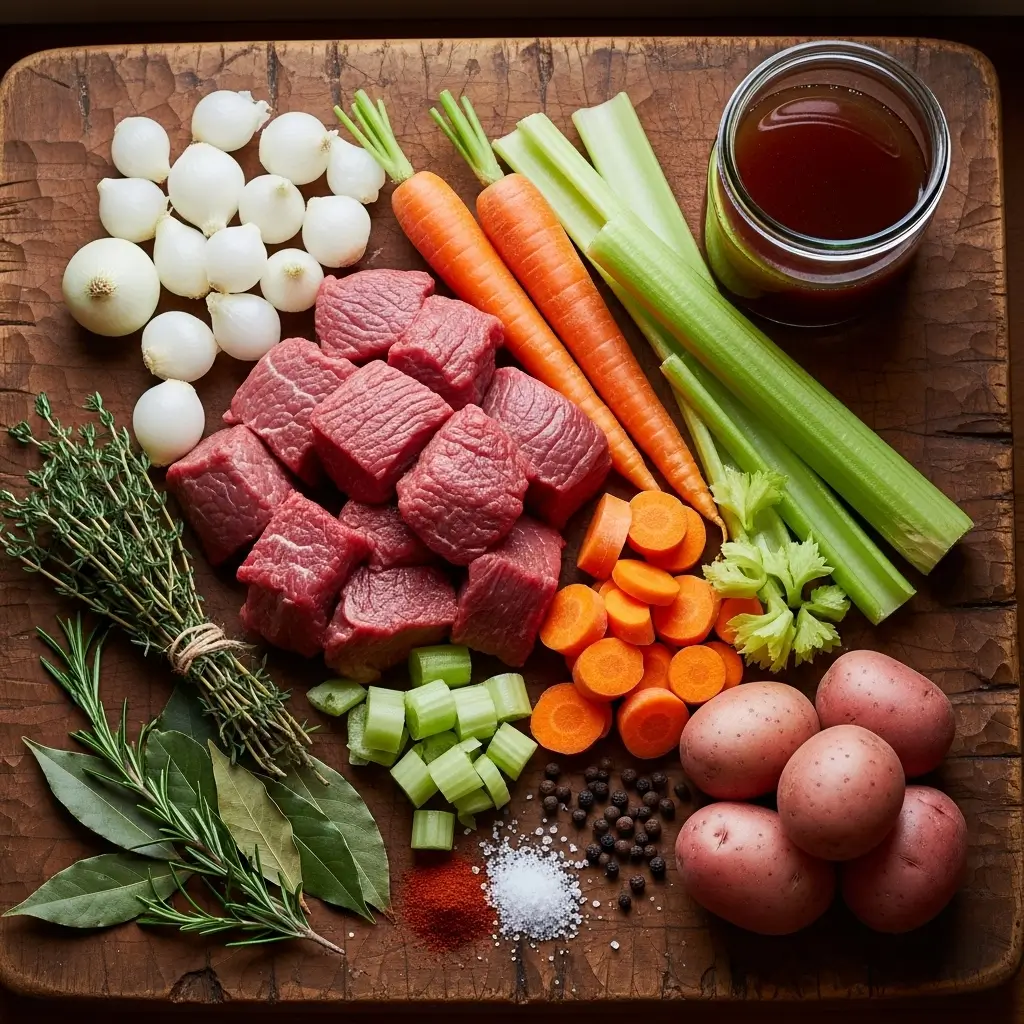 Ingredients for Old Fashioned Beef Stew arranged on a wooden board