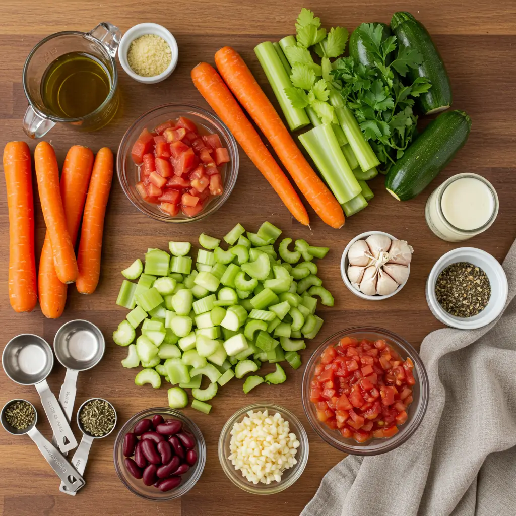 Ingredients for Olive Garden Vegetable Soup laid out on a kitchen counte
