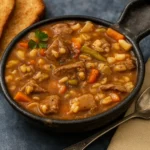 Pioneer Woman Beef Barley Soup in a cozy farmhouse setting
