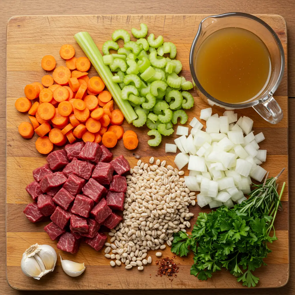 Ingredients for Pioneer Woman Beef Barley Soup on a rustic board