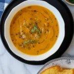 Pumpkin Carrot Soup in a bowl with parsley and bread