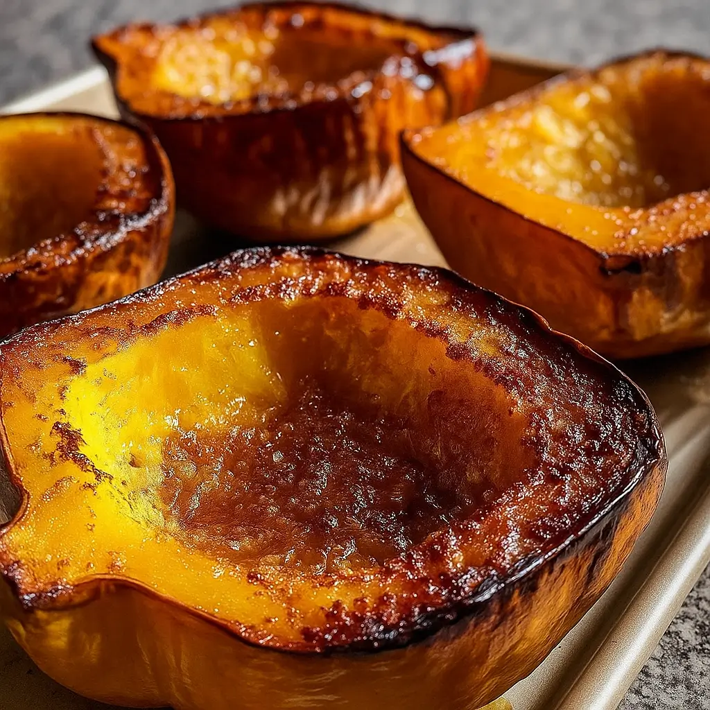 Roasted acorn squash with brown sugar served on rustic table