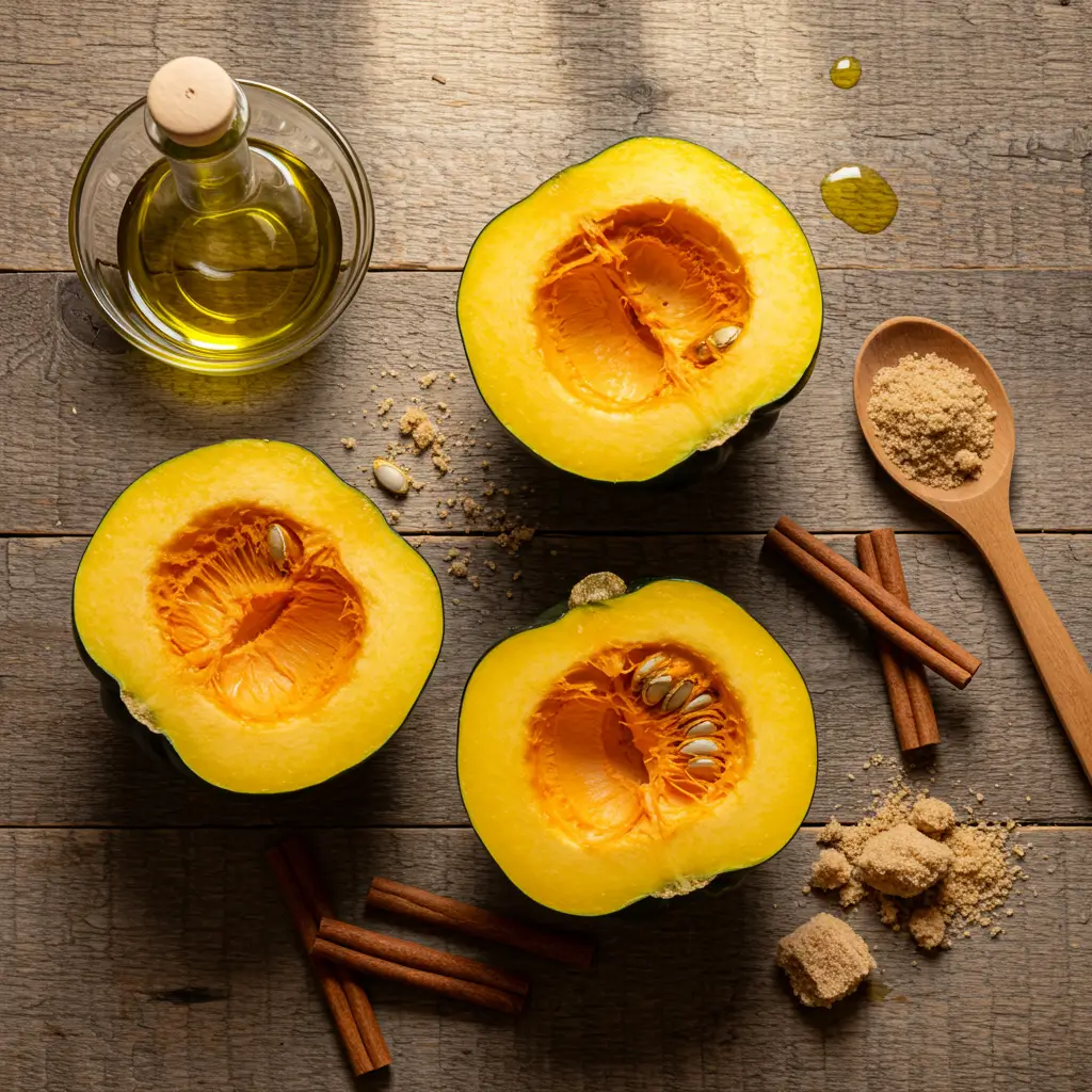 Ingredients for roasted acorn squash with spices and olive oil