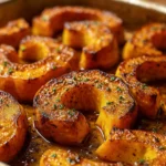 roasted delicata squash recipe on rustic table