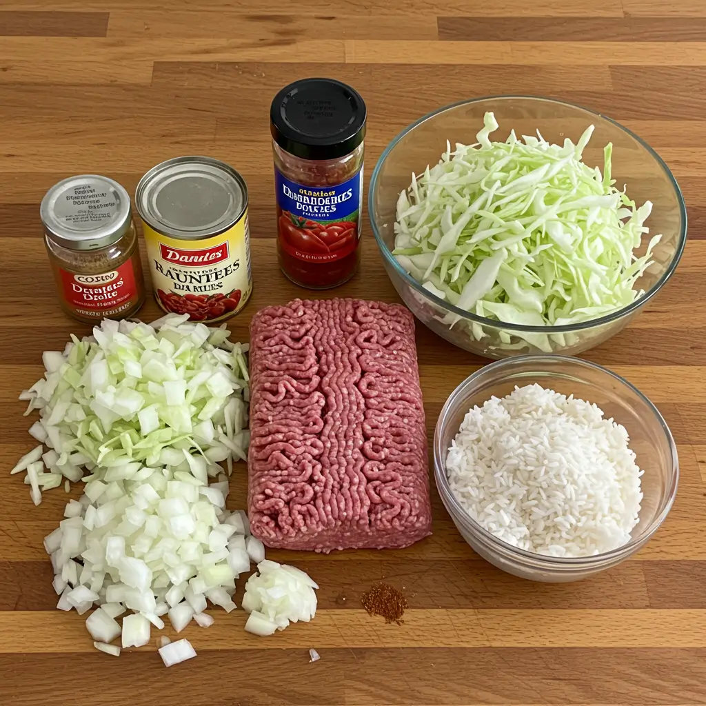 Ingredients for Savory Cabbage Beef Bake on kitchen counter