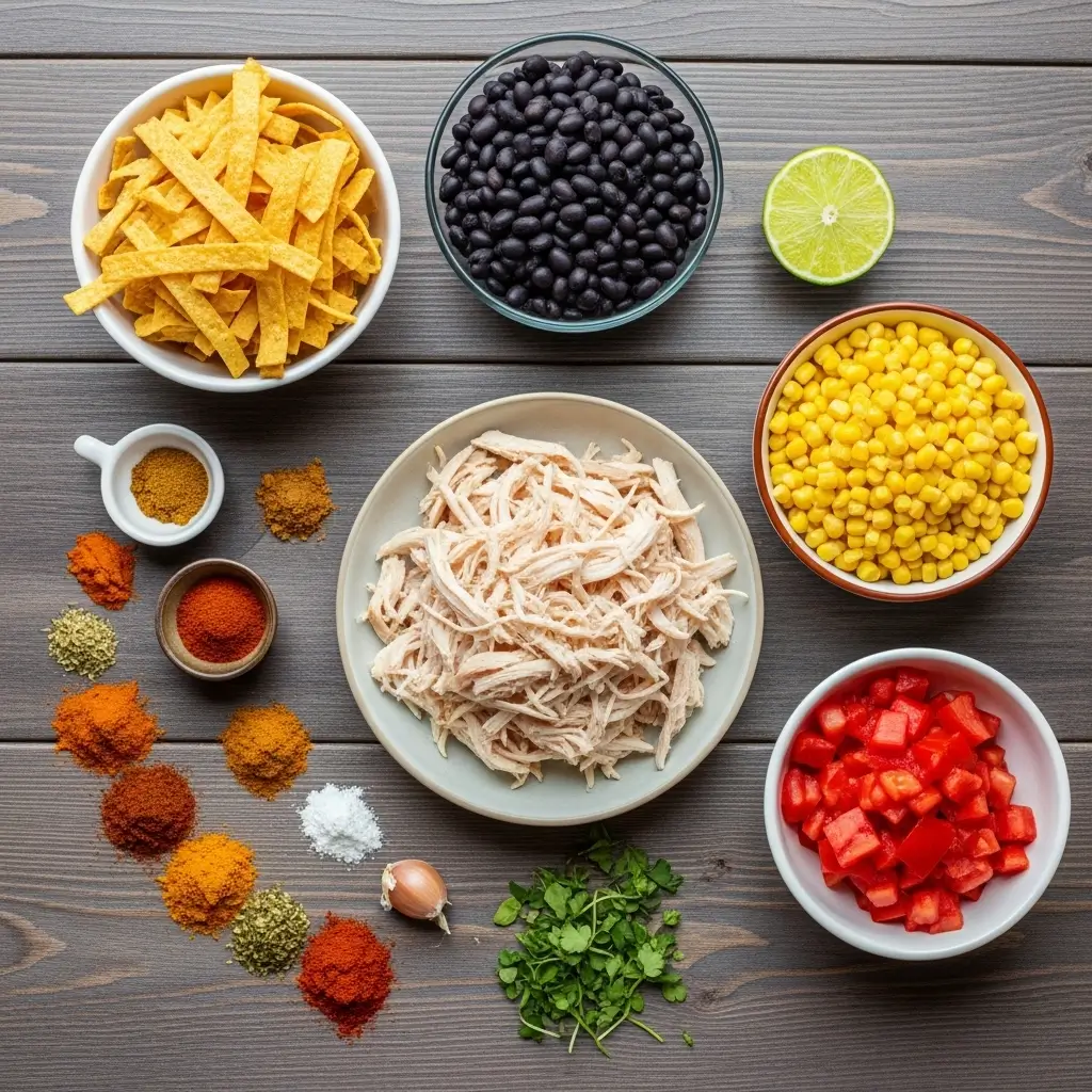 Ingredients for Slow Cooker Chicken Tortilla Soup laid out on a table
