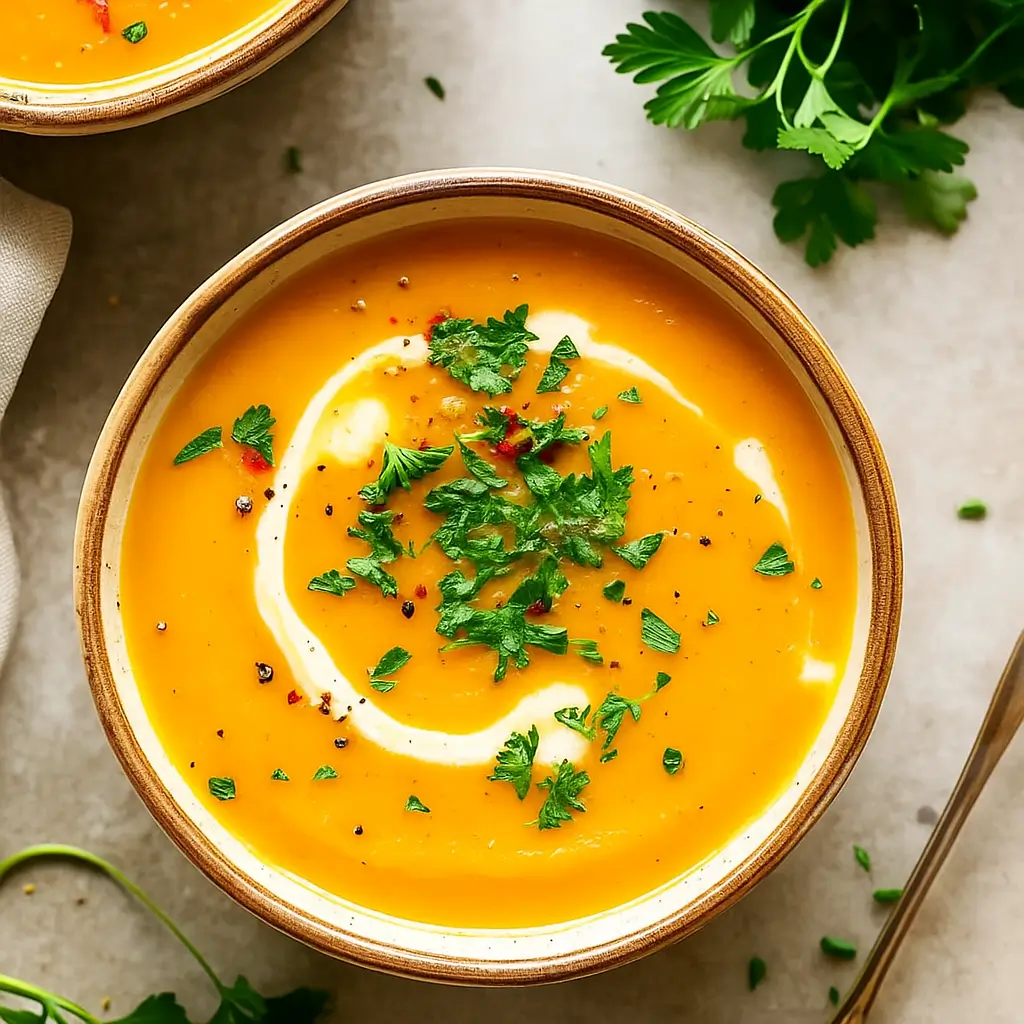 Spicy Butternut Squash and Sweet Potato Soup ingredients on wooden table