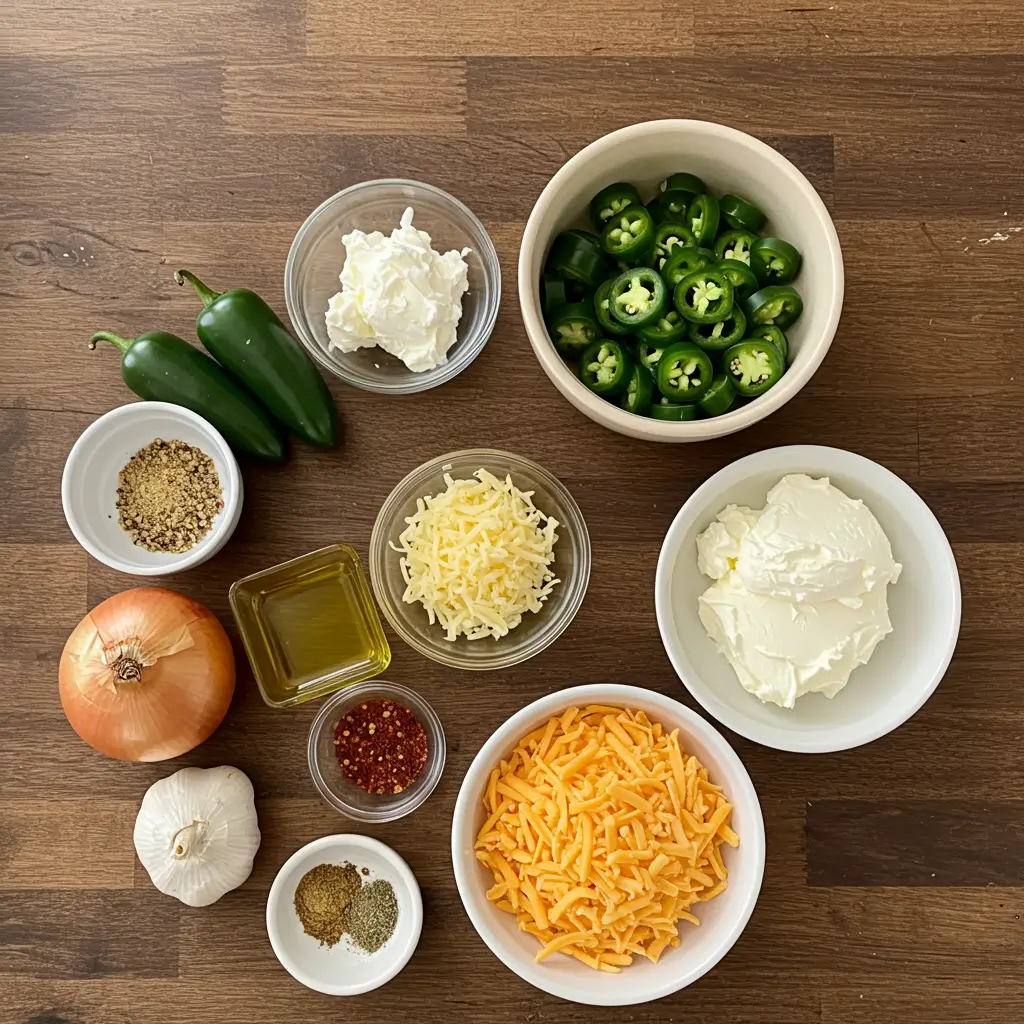 spicy jalapeño popper soup recipe ingredients on wooden counter