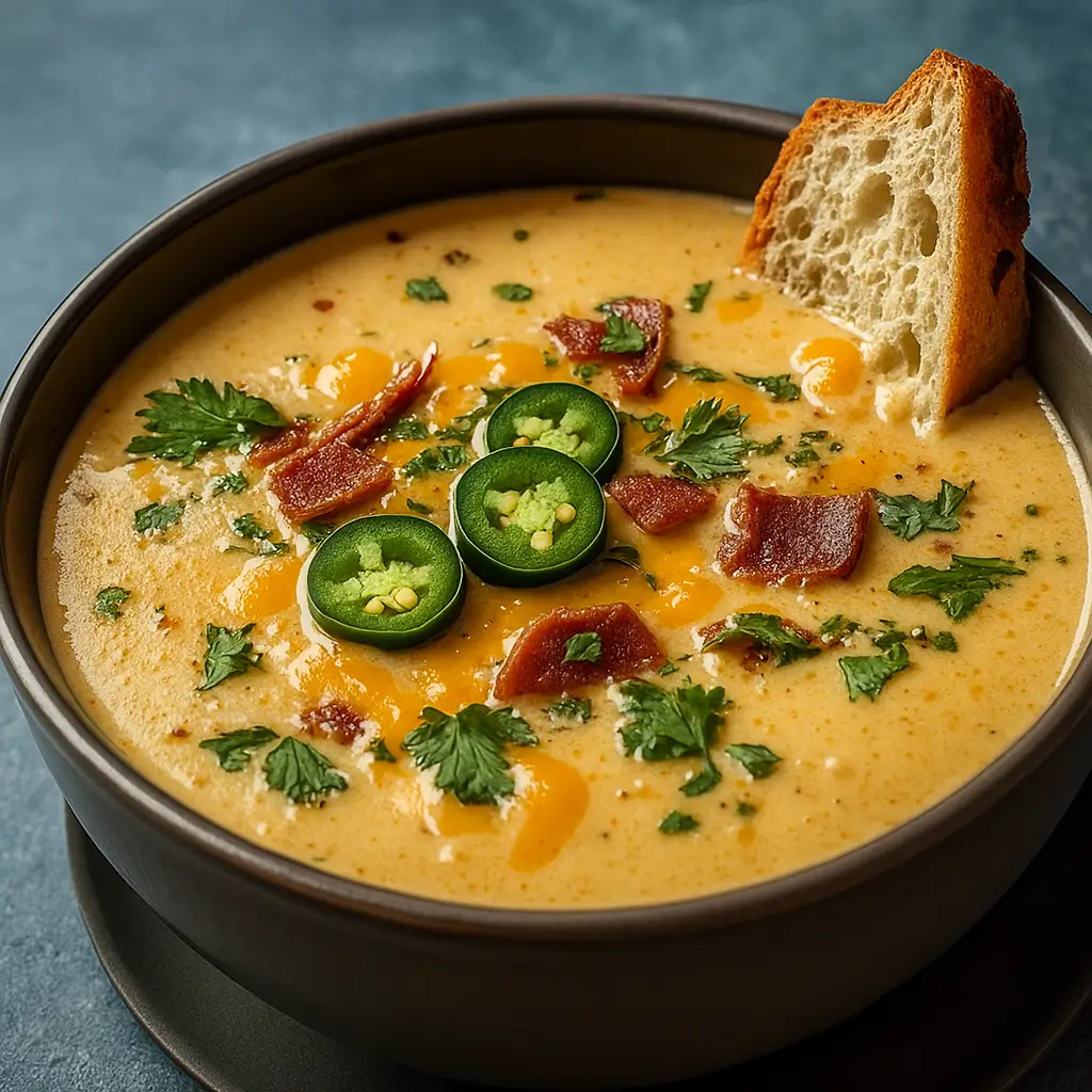 spicy jalapeño popper soup recipe in a bowl with bacon and cheddar