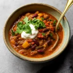 Spicy Pumpkin Chili served in a bowl with toppings