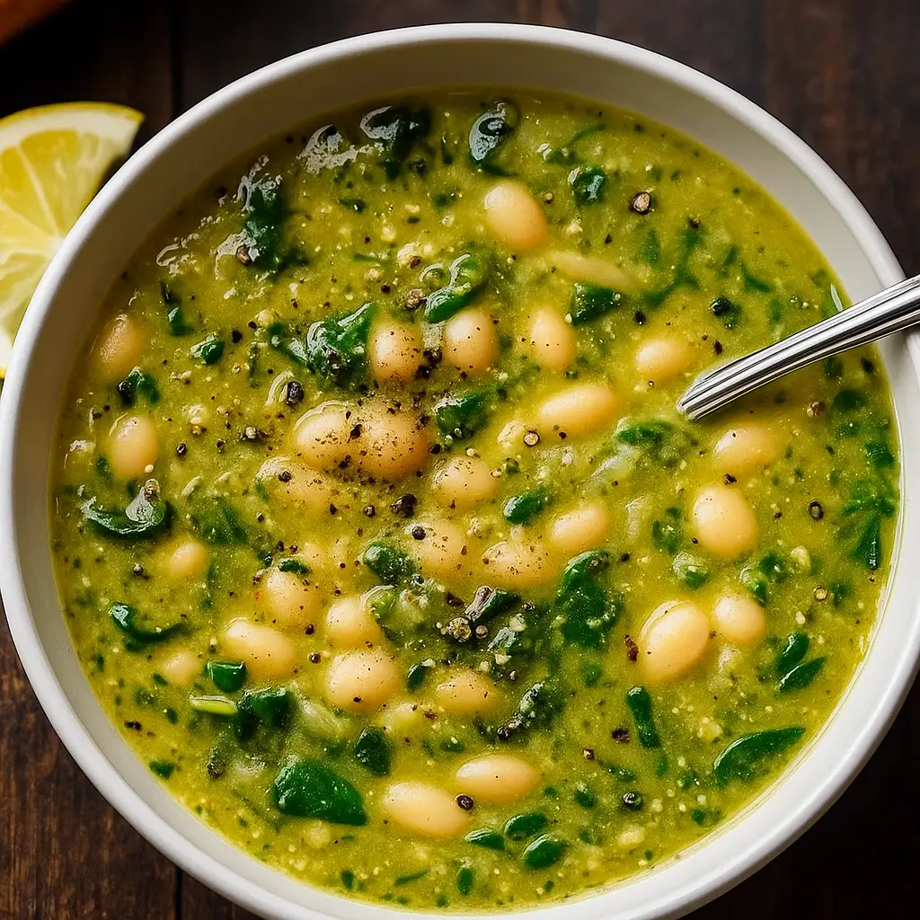 spinach and white bean soup in rustic bowl